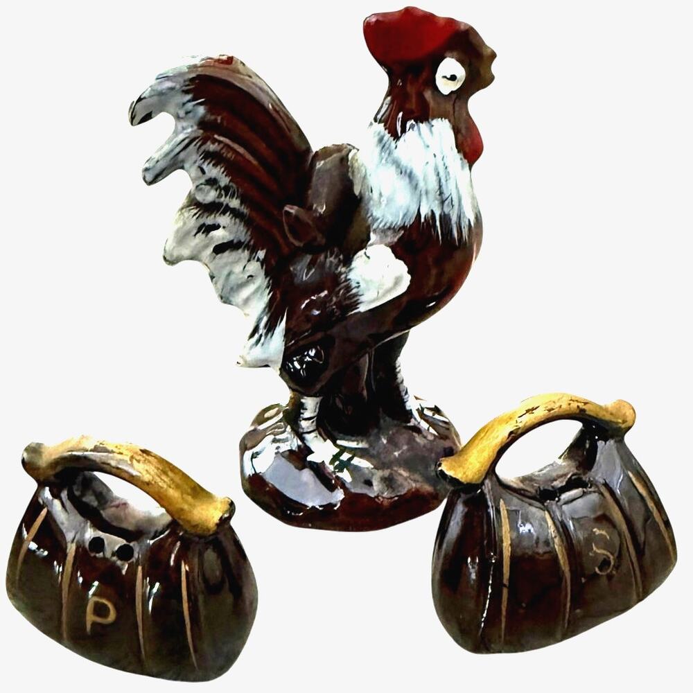 Vintage Japan Pico Red Rooster with Bags Salt and Pepper Shakers Pottery 3pcs